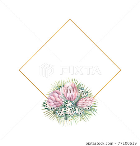 Diamond-shaped gold frame with protea flowers, tropical leaves, palm leaves, bouvardia flowers. Wedding bouquet in a frame for the design of a stylish invitation. Watercolour illustration Diamond-shaped gold frame with protea flowers, tropical leaves, palm leaves, bouvardia flowers. Wedding bouquet in a frame for the design of a stylish invitation. Watercolour illustration 77100619