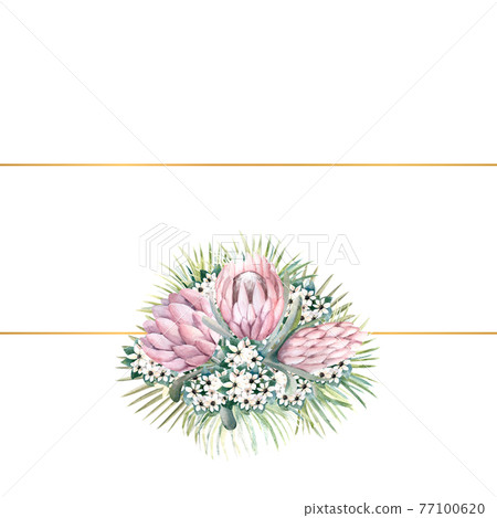 Rectangular gold frame with protea flowers, tropical leaves, palm leaves, bouvardia flowers. Wedding bouquet in a frame for the design of a stylish invitation. Watercolour illustration Rectangular gold frame with protea flowers, tropical leaves, palm leaves, bouvardia flowers. Wedding bouquet in a frame for the design of a stylish invitation. Watercolour illustration 77100620