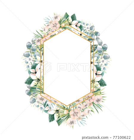 Hexagonal gold frame with small flowers of actinidia, bouvardia, tropical and palm leaves. Wedding bouquet in a frame for the design of a stylish invitation. Watercolour illustration Hexagonal gold frame with small flowers of actinidia, bouvardia, tropical and palm leaves. Wedding bouquet in a frame for the design of a stylish invitation. Watercolour illustration 77100622