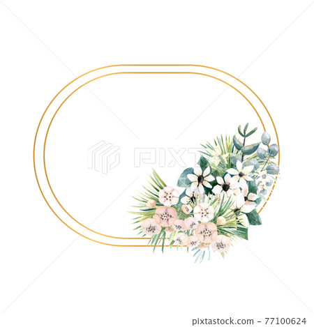 Oval gold frame with small flowers of actinidia, bouvardia, tropical and palm leaves. Wedding bouquet in a frame for the design of a stylish invitation. Watercolour illustration Oval gold frame with small flowers of actinidia, bouvardia, tropical and palm leaves. Wedding bouquet in a frame for the design of a stylish invitation. Watercolour illustration 77100624