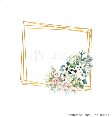 Geometric gold frame with small flowers of actinidia, bouvardia, tropical and palm leaves. Wedding bouquet in a frame for the design of a stylish invitation. Watercolour illustration 77100643