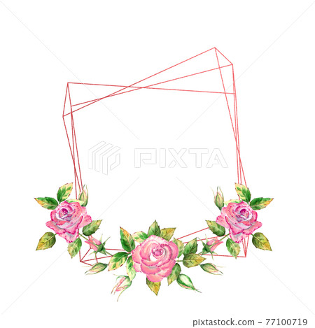The geometric frame is decorated with flowers. Pink roses, green leaves, open and closed flowers. Delicate watercolor illustration The geometric frame is decorated with flowers. Pink roses, green leaves, open and closed flowers. Delicate watercolor illustration 77100719