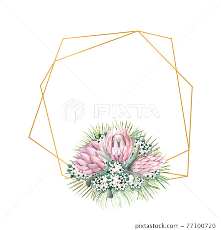 Geometric gold frame with protea flowers, tropical leaves, palm leaves, bouvardia flowers. Wedding bouquet in a frame for the design of a stylish invitation. Watercolour illustration 77100720