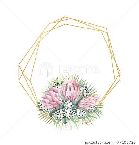 Geometric gold frame with protea flowers, tropical leaves, palm leaves, bouvardia flowers. Wedding bouquet in a frame for the design of a stylish invitation. Watercolour illustration 77100723