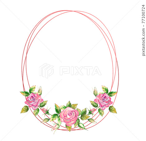 The geometric frame is decorated with flowers. Pink roses, green leaves, open and closed flowers. Delicate watercolor illustration The geometric frame is decorated with flowers. Pink roses, green leaves, open and closed flowers. Delicate watercolor illustration 77100724