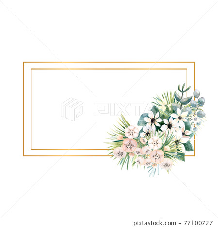 Rectangular gold frame with small flowers of actinidia, bouvardia, tropical and palm leaves. Wedding bouquet in a frame for the design of a stylish invitation. Watercolour illustration Rectangular gold frame with small flowers of actinidia, bouvardia, tropical and palm leaves. Wedding bouquet in a frame for the design of a stylish invitation. Watercolour illustration 77100727