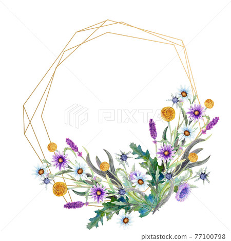 Romantic geometric frame. Wildflowers in watercolor. Wedding concept with flowers. Floral poster, invitation. Watercolor arrangements for greeting card or invitation design. Romantic geometric frame. Wildflowers in watercolor. Wedding concept with flowers. Floral poster, invitation. Watercolor arrangements for greeting card or invitation design. 77100798
