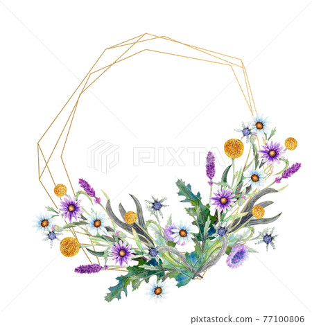 Romantic geometric frame. Wildflowers in watercolor. Wedding concept with flowers. Floral poster, invitation. Watercolor arrangements for greeting card or invitation design. 77100806