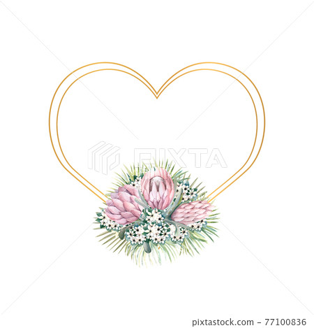 Frame with protea flowers, tropical leaves, palm leaves, bouvardia flowers. Wedding bouquet in a frame for the design of a stylish invitation. Watercolour illustration 77100836