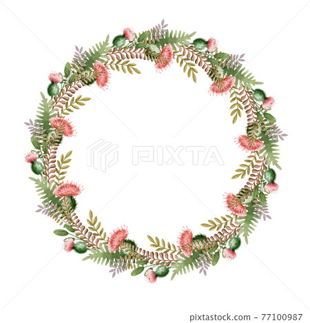 Floral natural boho wreath. Seasonal autumn elegant frame. Hand drawn rustic elegant round frame. Countryside wreath with fern, thistle flowers, evergreen herbs, leaves. Natural festive round decor 77100987