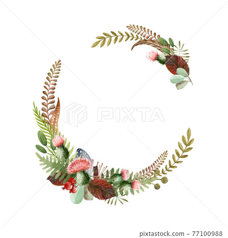 Floral natural boho wreath. Seasonal autumn elegant frame. Hand drawn rustic elegant frame. Watercolor countryside wreath of fern, thistle flowers, evergreen herbs, leaves. Festive thanksgiving decor 77100988