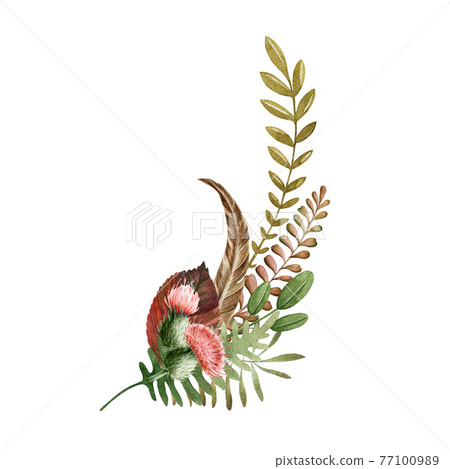 Floral natural arrangement. Watercolor illustration. Woodland autumn element. Hand drawn rustic forest fall decor from fern, thistle flowers, green leaves. Seasonal decoration on white background 77100989