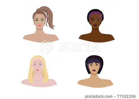 Vector set beautiful women icon portraits with different types of haircut, hair color and skin color. 77102206