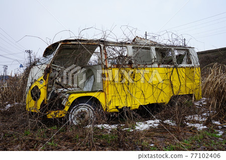 Ruins, scrapped car, grass hiro, scrapped car body, grassy hero, retro car, classic car, beetle, Wagenbus 77102406