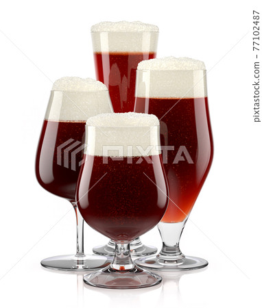 Set of fresh stout beer glasses with bubble froth isolated on white background. Set of fresh stout beer glasses with bubble froth isolated on white background. 77102487