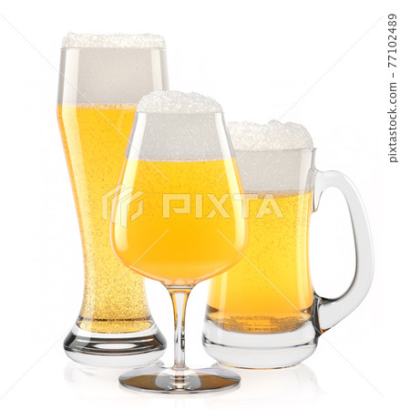 Set of fresh light beer glasses with bubble froth isolated on white background. 77102489