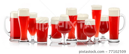 Set of fresh draft beer glasses with bubble froth isolated on white background. Set of fresh draft beer glasses with bubble froth isolated on white background. 77102509