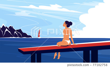 Summertime beach vacation banner with girl Summertime beach vacation banner with girl 77102758