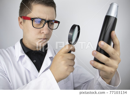 The allergist doctor examines the shampoo and finds harmful substances in the composition. The laboratory worker grimaces and shows that this shampoo is not recommended for use. 77103134
