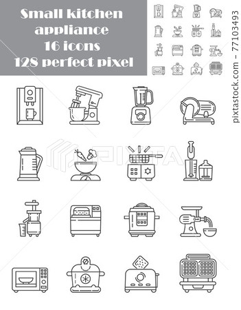 Kitchen small appliances line pixel perfect icons set vector. Household tools symbol for app, web. Cooking equipment are shown meat grinder, blender, coffee machine, microwave, multicooker. 77103493