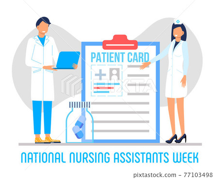 National Nursing assistants week is celebrated in June in the USA. Medical nurse is standing with stethoscope on the blue background. Lettering is thank you. Health care banner, poster concept National Nursing assistants week is celebrated in June in the USA. Medical nurse is standing with stethoscope on the blue background. Lettering is thank you. Health care banner, poster concept 77103498