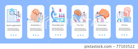 Neurology healthcare, MRI vector concept vector app templates set. Anatomical knowledge science of brain and senses diseases. Encephalogram, EKG concept vector. 77103522