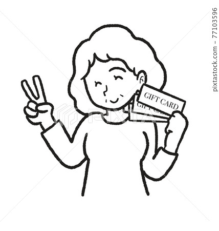 Line drawing illustration of a mother who received a gift card on Mother's Day Line drawing illustration of a mother who received a gift card on Mother's Day 77103596