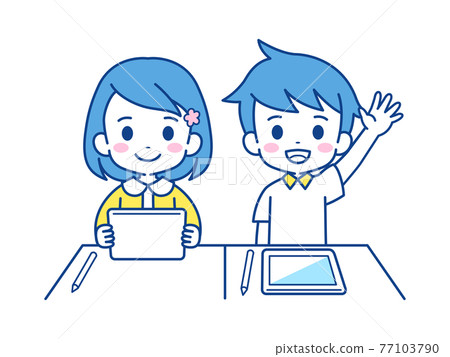 Illustration material for girls and boys taking classes on tablets Illustration material for girls and boys taking classes on tablets 77103790