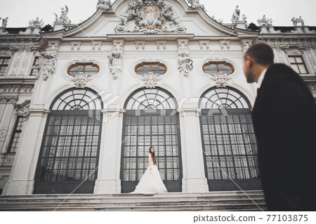 Luxury married wedding couple, bride and groom posing in luxury city Luxury married wedding couple, bride and groom posing in luxury city 77103875
