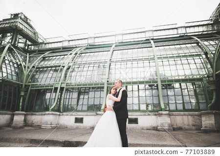 Caucasian happy romantic young couple celebrating their marriage. Outdoor 77103889