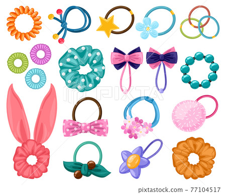 Hair rubber bands. Cartoon scrunchies, girlish beauty fashion hair accessories, elastic ponytails bands. Women hairdressing tools vector illustration set Hair rubber bands. Cartoon scrunchies, girlish beauty fashion hair accessories, elastic ponytails bands. Women hairdressing tools vector illustration set 77104517