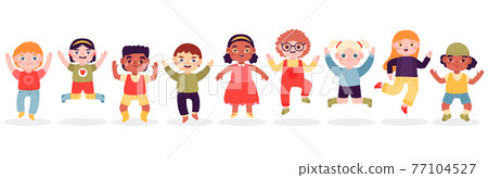 Jumping children. Happy jumped kids, joyful laughing jumping little boys and girls isolated vector illustration set. Cute jumping children characters 77104527