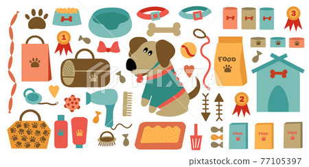 A set of accessories for the care and maintenance of pets. Cute dog in clothes. A set of accessories for the care and maintenance of pets. Cute dog in clothes. 77105397