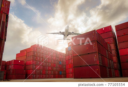 Airplane flying above container logistic. Container crisis. Freight transportation. Logistic industry. Container ship for export logistics. Container at the harbor for truck transport. Air transport. Airplane flying above container logistic. Container crisis. Freight transportation. Logistic industry. Container ship for export logistics. Container at the harbor for truck transport. Air transport. 77105554