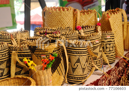Sarawak's Ethnic crafts in Malaysia. It is made of rattan and pandanus leaves. Patterned abstract by nature. Sarawak's Ethnic crafts in Malaysia. It is made of rattan and pandanus leaves. Patterned abstract by nature. 77106603