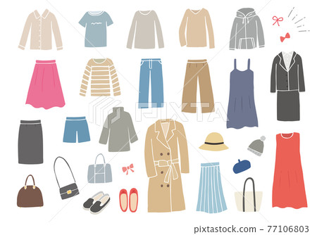Hand-drawn illustration set of various clothes and accessories (no color / outline) 77106803