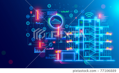 Building design concept. Engineering of autonomous system of smart building. Drafting of communications of house. Project development of apartment house. Architectural drawing, blueprint of facade. 77106889