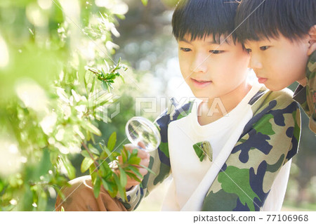 Boy looking through a magnifying glass Boy looking through a magnifying glass 77106968