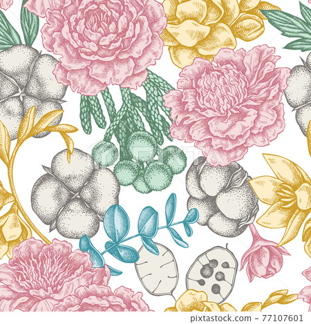 Seamless pattern with hand drawn pastel ficus, eucalyptus, peony, cotton, freesia, brunia Seamless pattern with hand drawn pastel ficus, eucalyptus, peony, cotton, freesia, brunia 77107601
