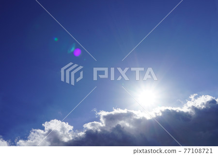 Image of blue sky and clouds with bright sun 77108721