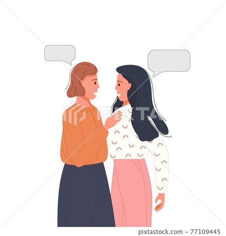 Multiethnic people talking or discuss social network. Two friend speaking couples with speech bubbles. Character dialogue concept. Vector illustration 77109445