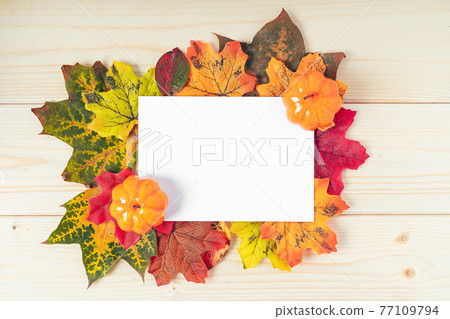 Orange pumpkins, maple leaf, berries and mock up paper blank Orange pumpkins, maple leaf, berries and mock up paper blank 77109794