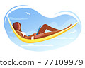 African Woman Working on Laptop Lying in Hammock on Beach. Freelancer, remote work, Summer Time Leisure. Lounging Female Character Relaxing on Resort. Cartoon Flat Vector Illustration isolated white 77109979