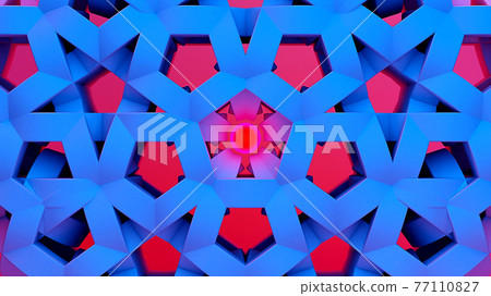 Scientific or technology abstractions with canes, sticks or rods flying in surreal symmetric structure around the red light orb. Abstract background with purple and blue neon tech structure. 3D 77110827