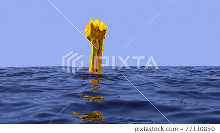 Surreal vaporwave concept with golden hand gesturing with fist from underwater. Blue sea or ocean with protesting angry fist. 3D illustration. Surreal vaporwave concept with golden hand gesturing with fist from underwater. Blue sea or ocean with protesting angry fist. 3D illustration. 77110830
