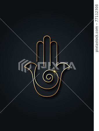 Hamsa hand Spiral icon. Gold Line Art vector Jewish religious sign. Golden luxury Hand of Fatima minimalist logo design isolated on black background Hamsa hand Spiral icon. Gold Line Art vector Jewish religious sign. Golden luxury Hand of Fatima minimalist logo design isolated on black background 77112308