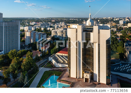 Chisinau, Moldova. Aerial drone view of Presidential Palace and Ministry of Agriculture and Food Industry buildings Chisinau, Moldova. Aerial drone view of Presidential Palace and Ministry of Agriculture and Food Industry buildings 77113656