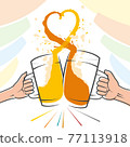 Clink glasses with beer for cheers. Splashes create a love heart shape. Hands of a man and a woman are holding beer mugs. Banner for Beer fest Oktoberfest. Wide contour lines. Vector illustration. Clink glasses with beer for cheers. Splashes create a love heart shape. Hands of a man and a woman are holding beer mugs. Banner for Beer fest Oktoberfest. Wide contour lines. Vector illustration. 77113918