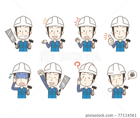 Facial expression pose set of a carpenter man wearing a helmet Facial expression pose set of a carpenter man wearing a helmet 77114561