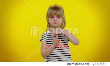 Tired blonde child girl showing time out gesture, limit or stop sign no pressure, i need more time 77115930